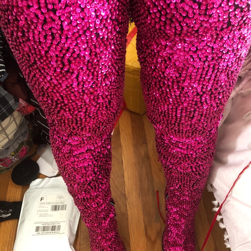 Stylish Over the Knee Boots - Silver, Pink Floral, and Pink Glitter - Picture 5 of 6